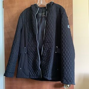 Black quilted cold weather jacket with hood. Size XL